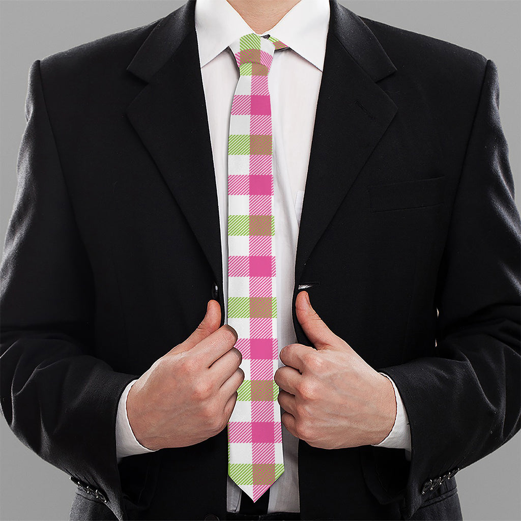 White Pink And Green Buffalo Plaid Print Necktie