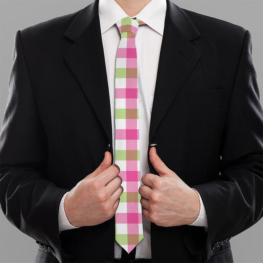 White Pink And Green Buffalo Plaid Print Necktie