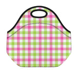 White Pink And Green Buffalo Plaid Print Neoprene Lunch Bag