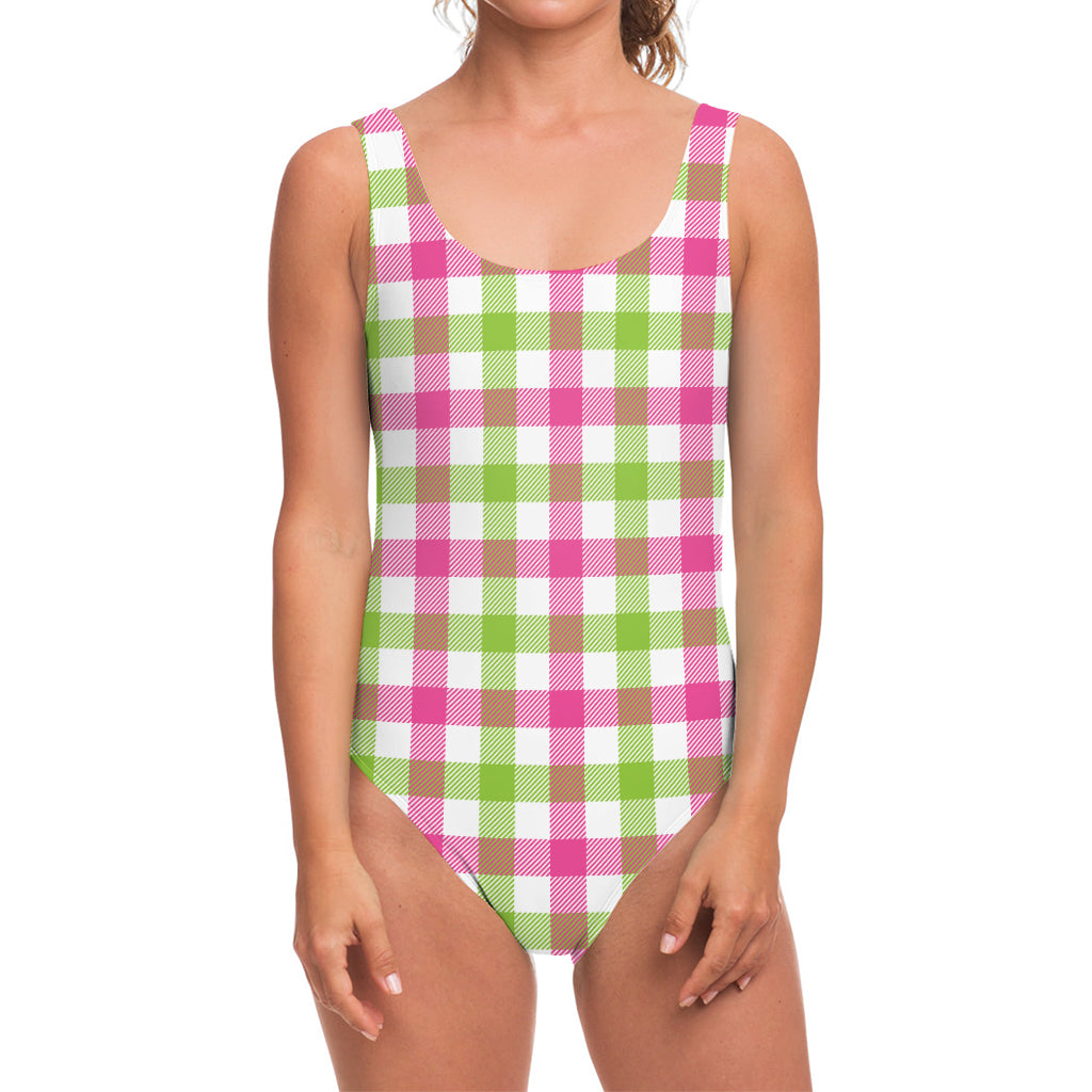 White Pink And Green Buffalo Plaid Print One Piece Swimsuit