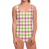 White Pink And Green Buffalo Plaid Print One Piece Swimsuit