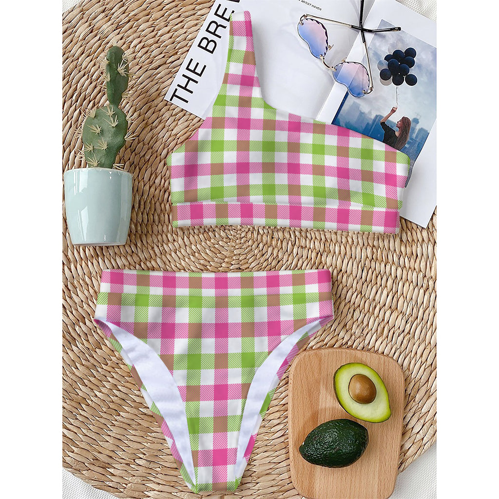 White Pink And Green Buffalo Plaid Print One Shoulder Bikini Top