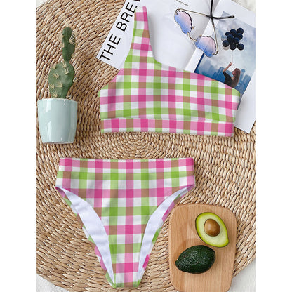 White Pink And Green Buffalo Plaid Print One Shoulder Bikini Top