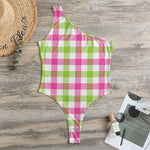 White Pink And Green Buffalo Plaid Print One Shoulder Bodysuit