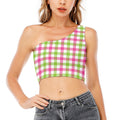 White Pink And Green Buffalo Plaid Print One Shoulder Crop Top