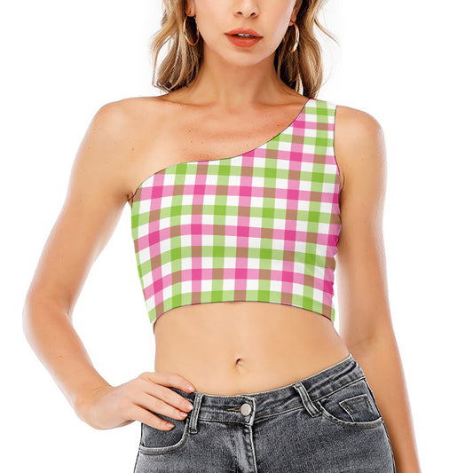 White Pink And Green Buffalo Plaid Print One Shoulder Crop Top