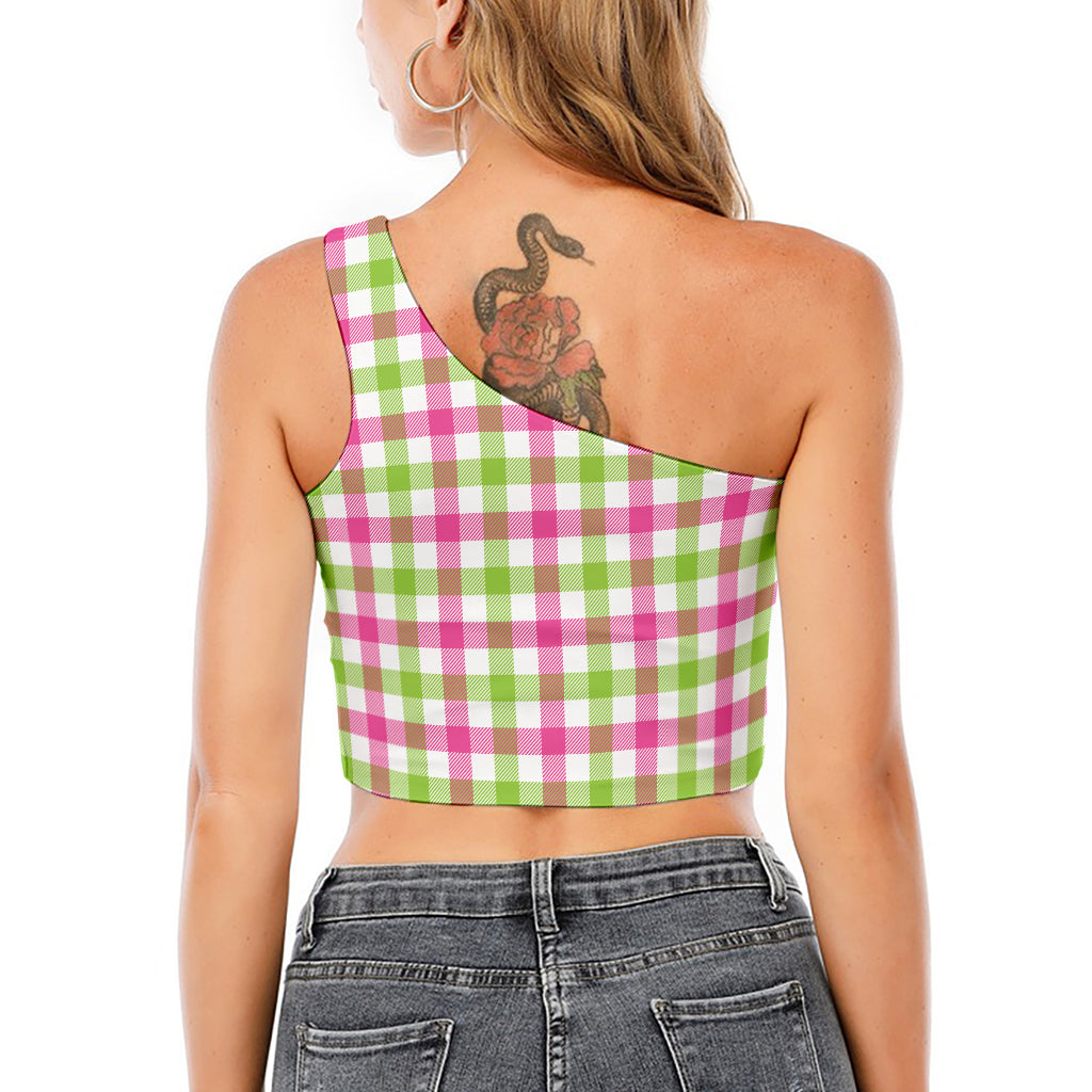 White Pink And Green Buffalo Plaid Print One Shoulder Crop Top