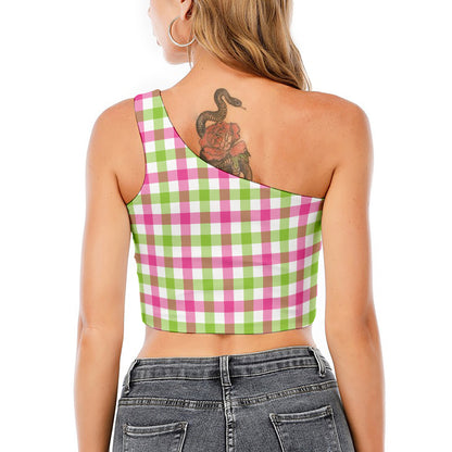 White Pink And Green Buffalo Plaid Print One Shoulder Crop Top