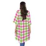 White Pink And Green Buffalo Plaid Print Open Front Beach Cover Up