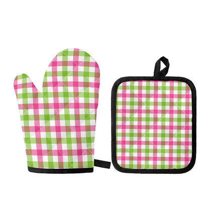 White Pink And Green Buffalo Plaid Print Oven Mitt And Pot Holder Set