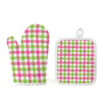 White Pink And Green Buffalo Plaid Print Oven Mitt And Pot Holder Set