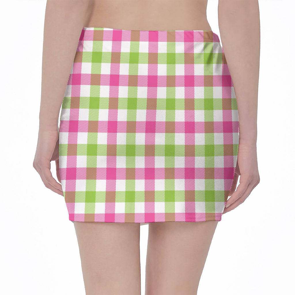 White Pink And Green Buffalo Plaid Print Pencil Mini Skirt