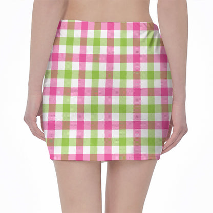 White Pink And Green Buffalo Plaid Print Pencil Mini Skirt