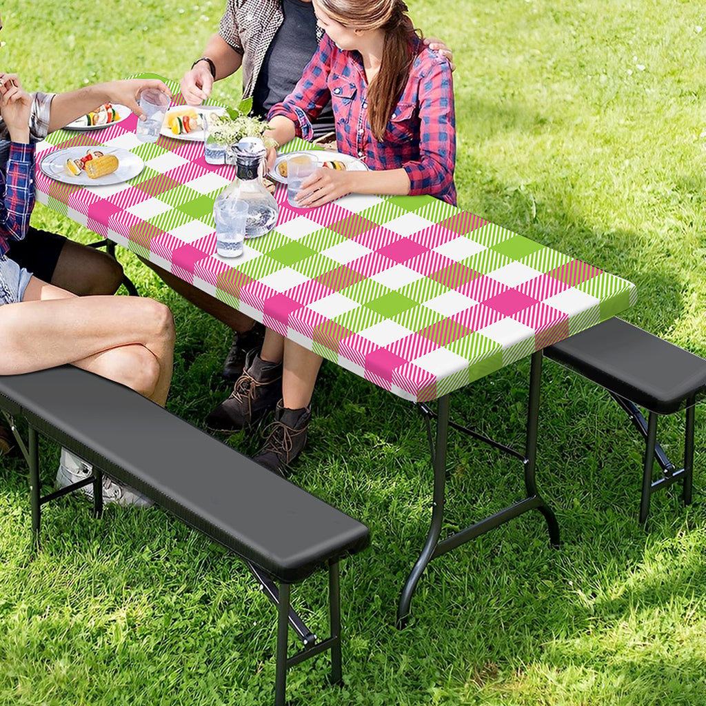 White Pink And Green Buffalo Plaid Print Picnic Table Cover