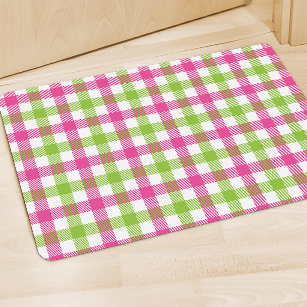 White Pink And Green Buffalo Plaid Print Polyester Doormat