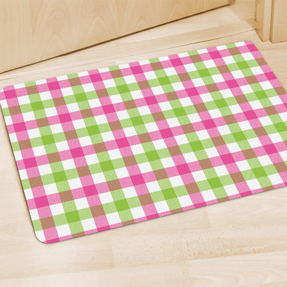 White Pink And Green Buffalo Plaid Print Polyester Doormat
