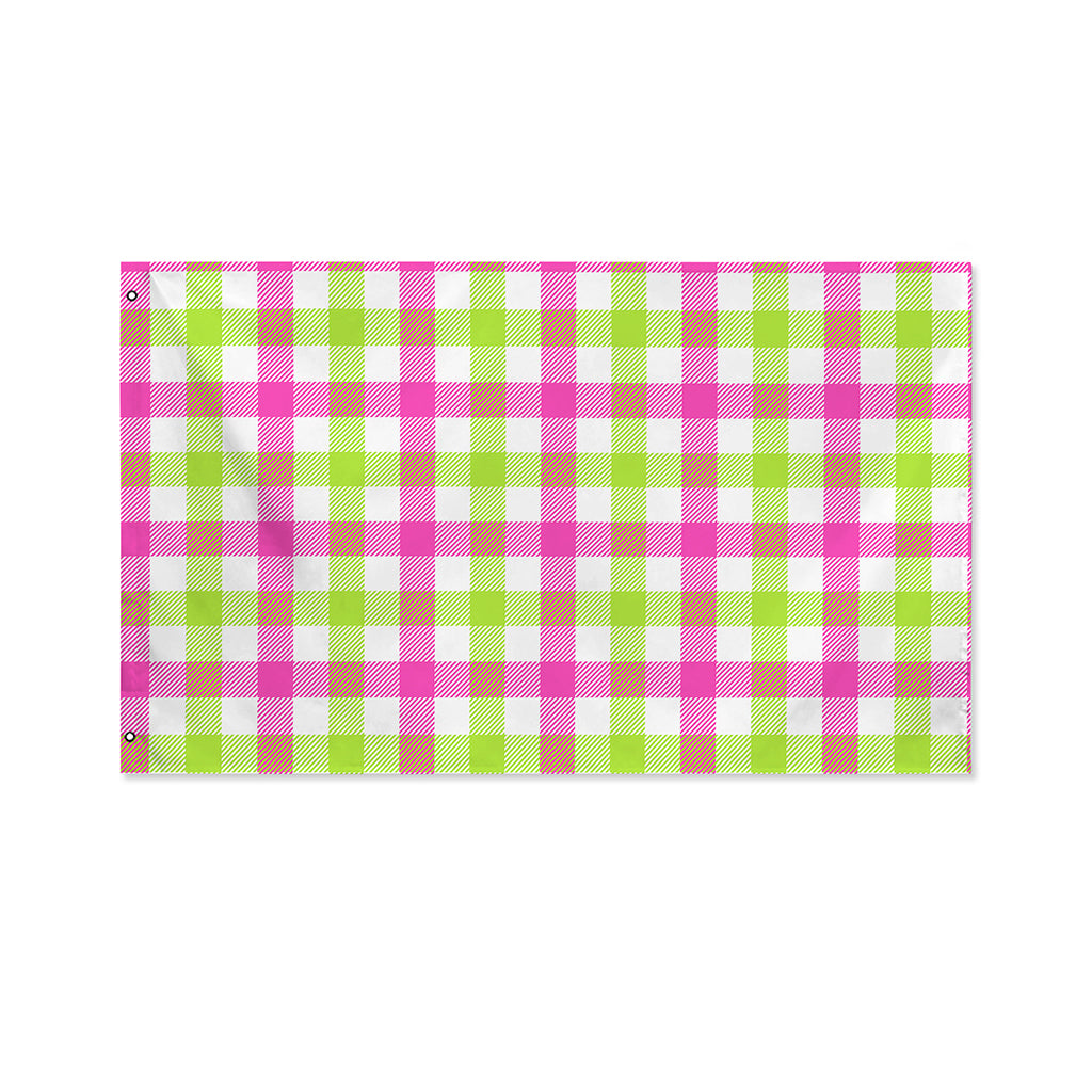 White Pink And Green Buffalo Plaid Print Polyester Flag