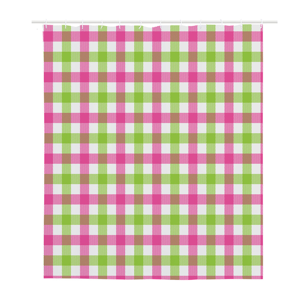 White Pink And Green Buffalo Plaid Print Polyester Shower Curtain