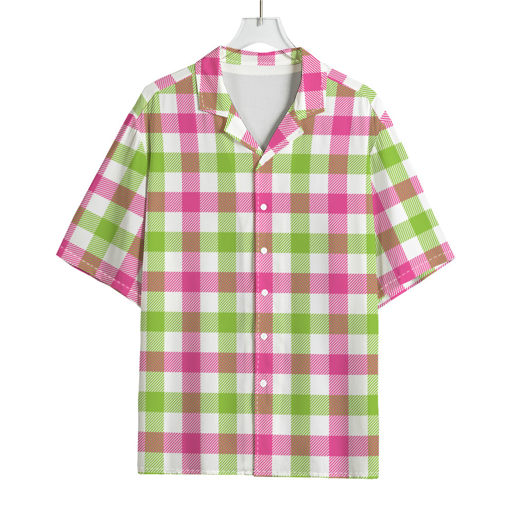 White Pink And Green Buffalo Plaid Print Rayon Hawaiian Shirt