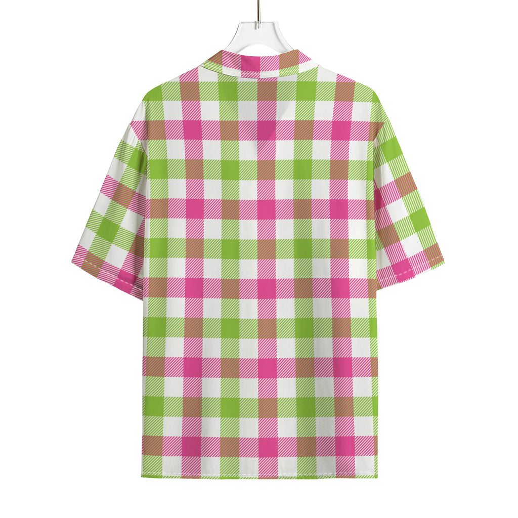White Pink And Green Buffalo Plaid Print Rayon Hawaiian Shirt