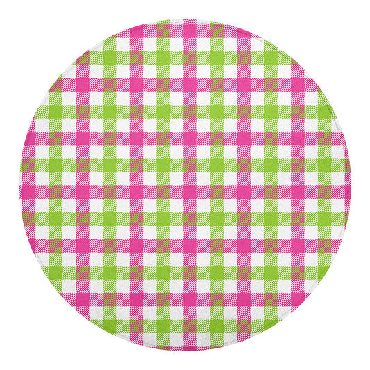 White Pink And Green Buffalo Plaid Print Round Blanket