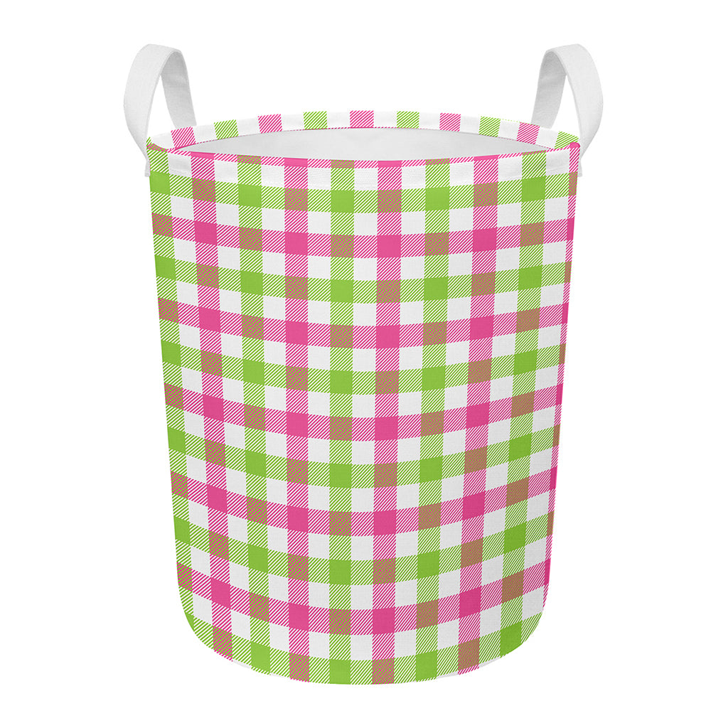 White Pink And Green Buffalo Plaid Print Round Laundry Basket
