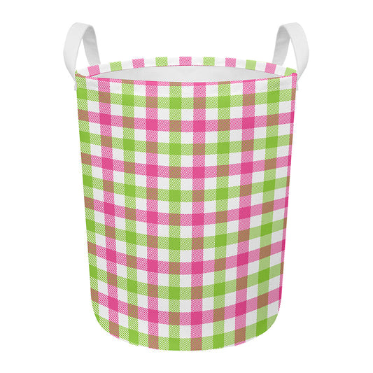 White Pink And Green Buffalo Plaid Print Round Laundry Basket