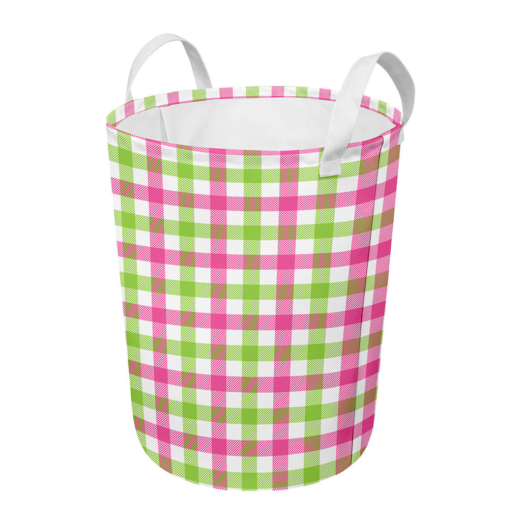 White Pink And Green Buffalo Plaid Print Round Laundry Basket