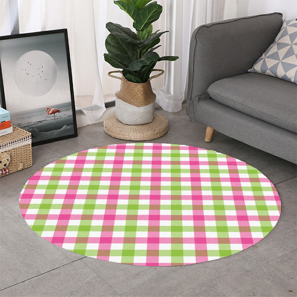 White Pink And Green Buffalo Plaid Print Round Rug