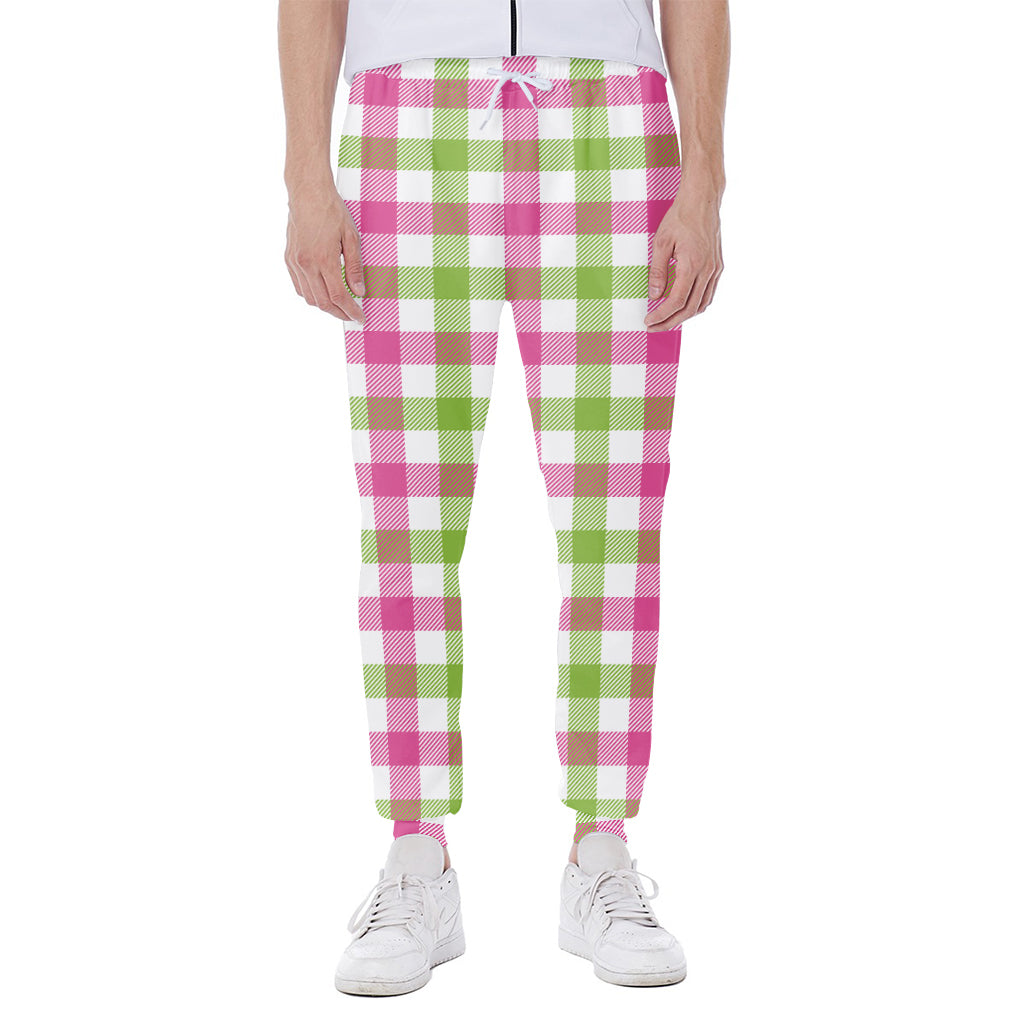 White Pink And Green Buffalo Plaid Print Scuba Joggers