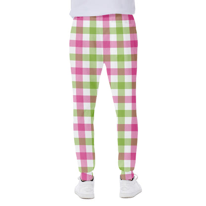 White Pink And Green Buffalo Plaid Print Scuba Joggers