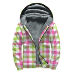 White Pink And Green Buffalo Plaid Print Sherpa Lined Zip Up Hoodie