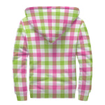 White Pink And Green Buffalo Plaid Print Sherpa Lined Zip Up Hoodie
