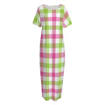 White Pink And Green Buffalo Plaid Print Short Sleeve Long Nightdress