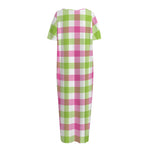 White Pink And Green Buffalo Plaid Print Short Sleeve Long Nightdress