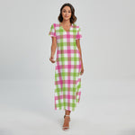 White Pink And Green Buffalo Plaid Print Short Sleeve Maxi Dress