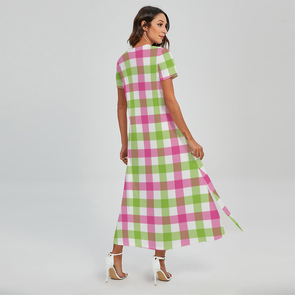 White Pink and Green Buffalo Plaid Print Short Sleeve Maxi Dress