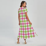 White Pink And Green Buffalo Plaid Print Short Sleeve Maxi Dress