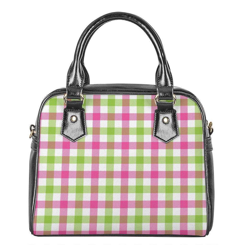 White Pink And Green Buffalo Plaid Print Shoulder Handbag