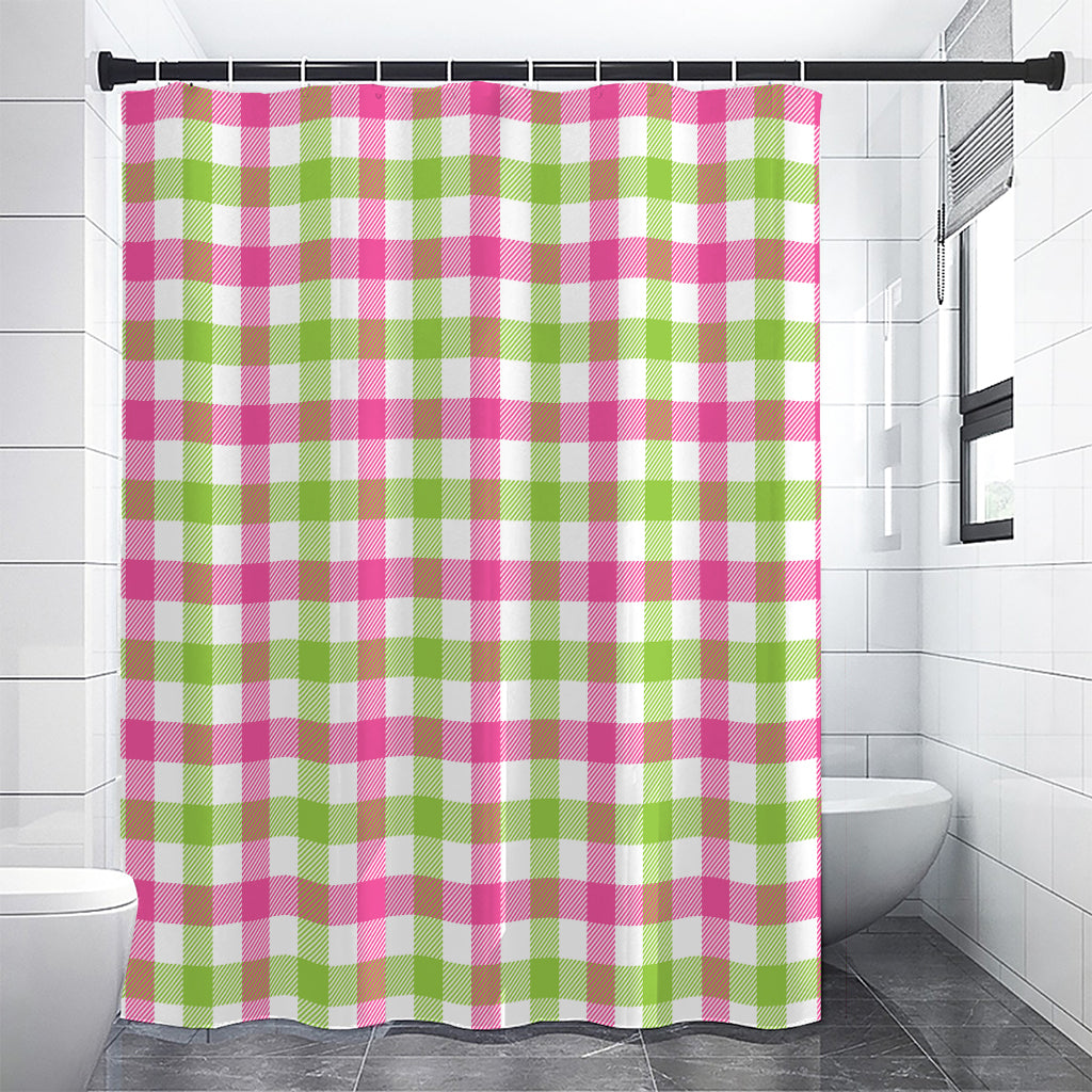 White Pink And Green Buffalo Plaid Print Shower Curtain