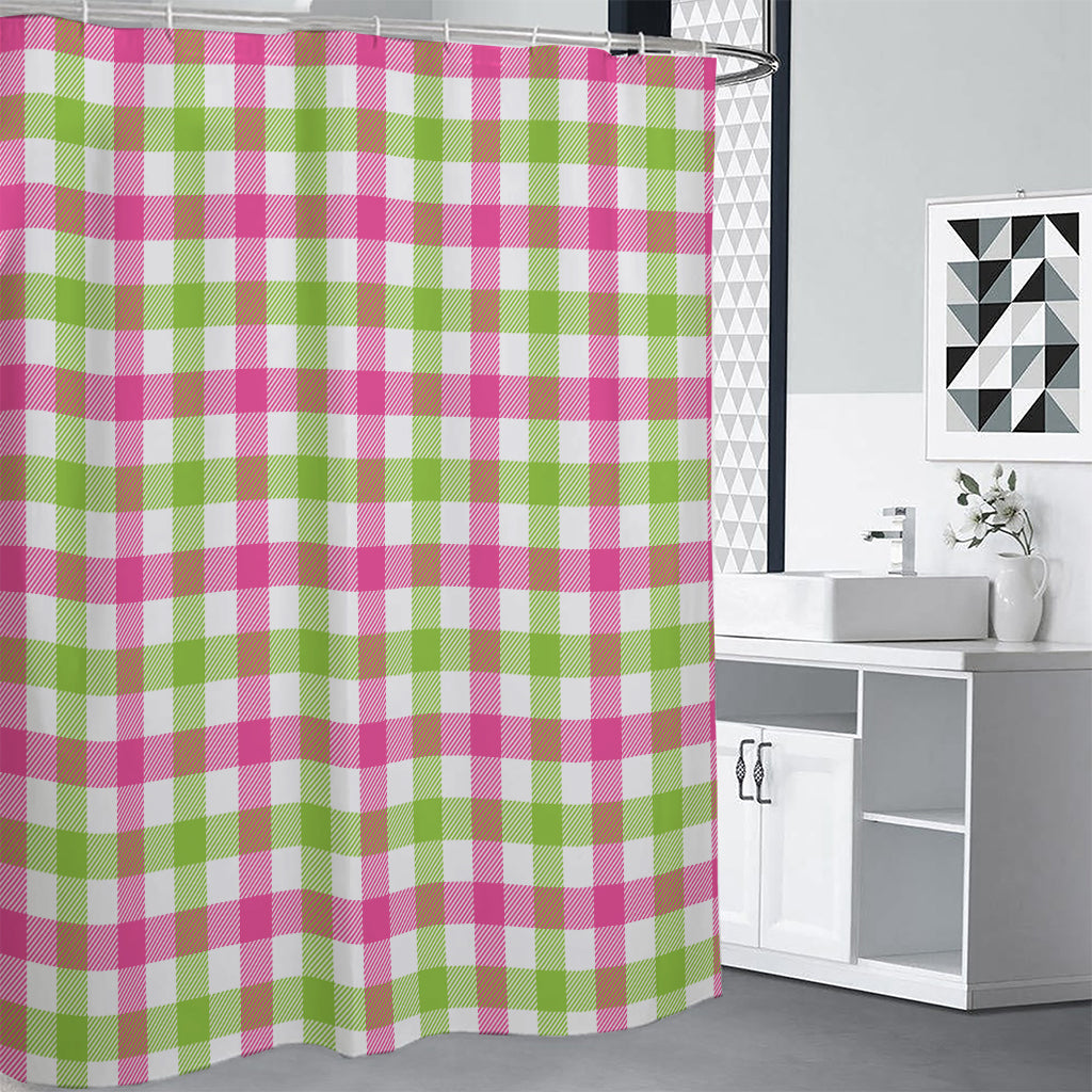 White Pink And Green Buffalo Plaid Print Shower Curtain