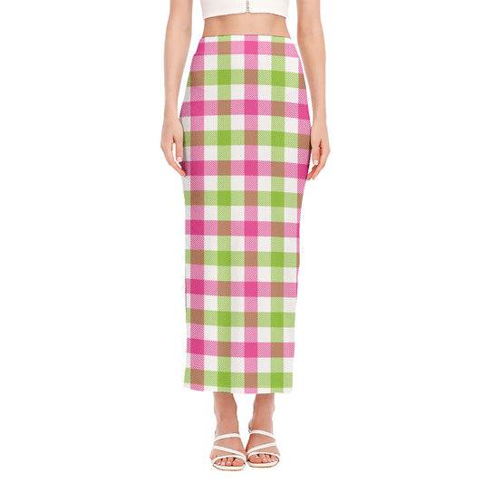 White Pink And Green Buffalo Plaid Print Side Slit Maxi Skirt