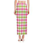 White Pink And Green Buffalo Plaid Print Side Slit Maxi Skirt