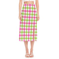 White Pink And Green Buffalo Plaid Print Side Slit Midi Skirt