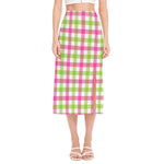 White Pink And Green Buffalo Plaid Print Side Slit Midi Skirt