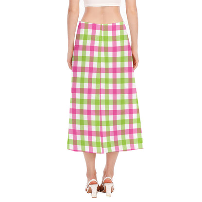 White Pink And Green Buffalo Plaid Print Side Slit Midi Skirt