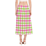 White Pink And Green Buffalo Plaid Print Side Slit Midi Skirt