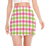 White Pink And Green Buffalo Plaid Print Side Slit Mini Skirt