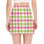 White Pink And Green Buffalo Plaid Print Side Slit Mini Skirt
