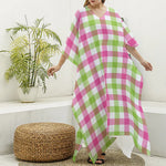 White Pink And Green Buffalo Plaid Print Silk V-Neck Kaftan Dress